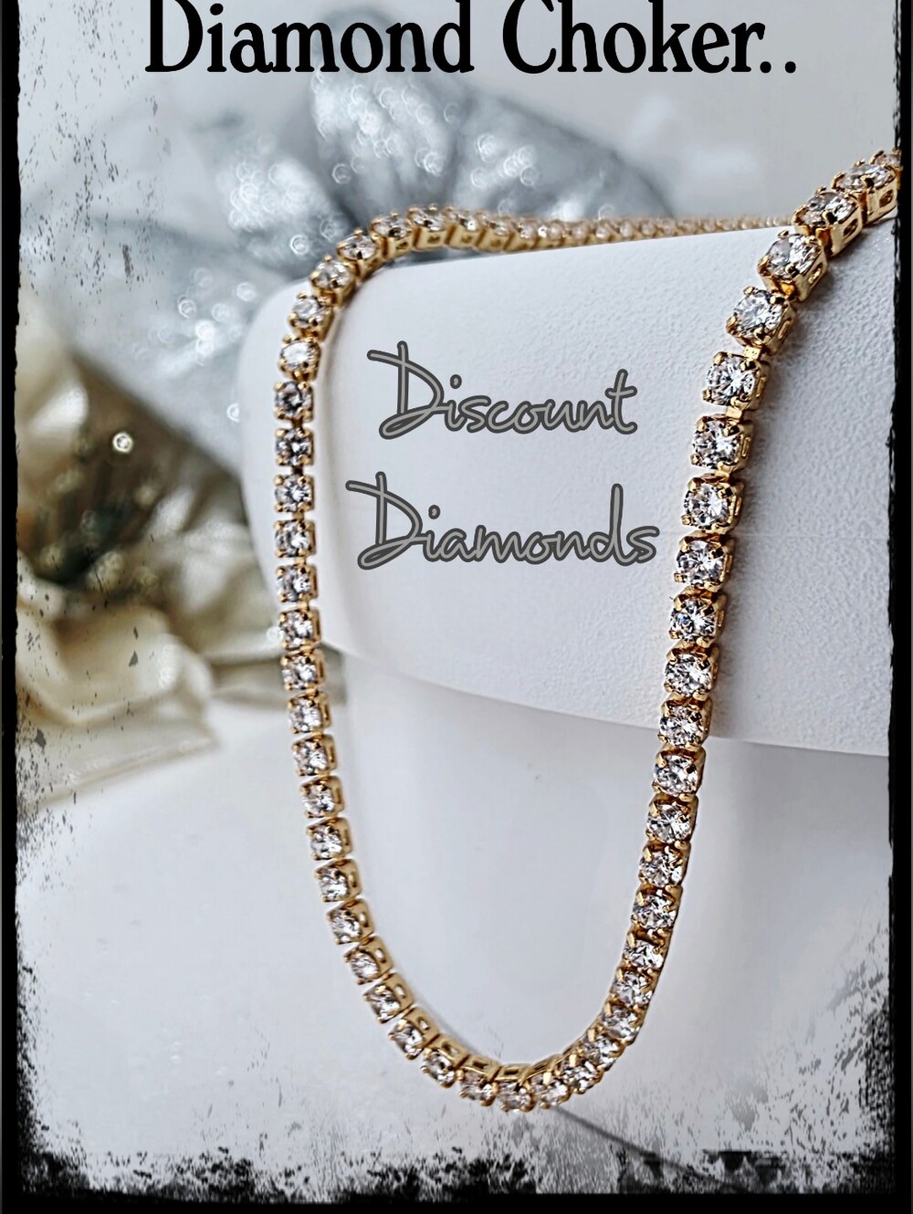 Choker Clear White Baguette Diamond Necklace 18K Gold over 925 Sterling Silver